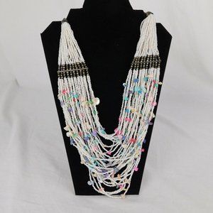 Boho Multi-Strand Multi-Color White Seed Bead Shell Statement Necklace Handmade